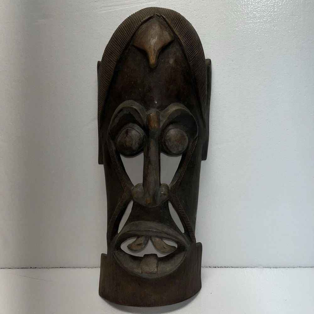 Vintage‎ African Tribal Wooden Jambo Kenya Mask Hand Carved, Wall Decor 19" Tall - Picture 2 of 8